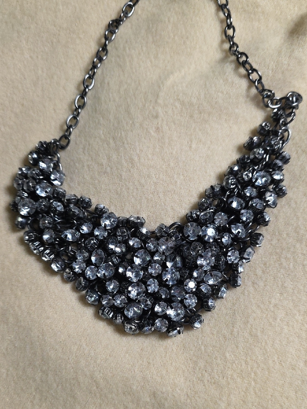 Gunmetal Crystal Cluster Necklace with Clear Stones